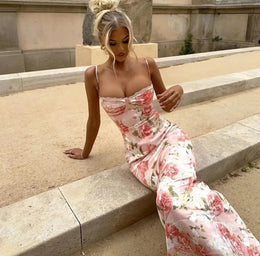 Vestido Comprido Floral com Renda e Fenda