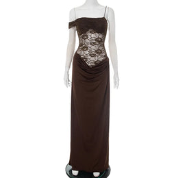 Vestido Comprido de Um Ombro com Renda