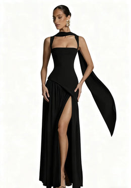 Vestido Comprido com Corpete, Laço e Fenda