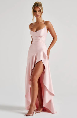 Vestido Comprido Acetinado com Folhos