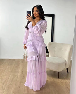 Vestido Comprido com Folhos e Manga Comprida