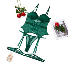 Conjunto de Lingerie em Tule com Body e Ligas — 3 Peças