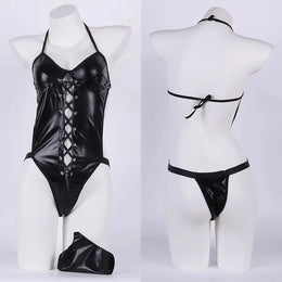 Conjunto de Lingerie com Efeito Couro e Renda