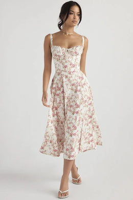 Vestido Midi Floral com Corpete e Fenda — Modelo B