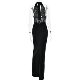 Vestido Comprido com Decote em V e Tule