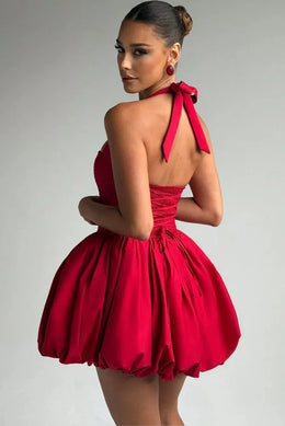 Vestido Curto Vermelho com Corpete e Decote Halter