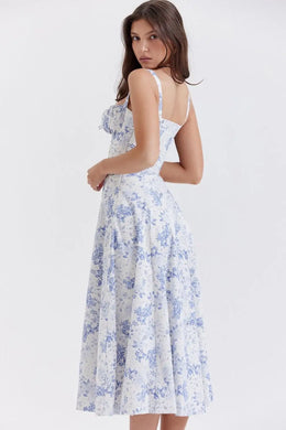 Vestido Midi Floral com Corpete — Azul e Rosa Floral