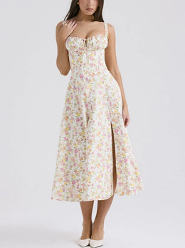 Vestido Midi Floral com Corpete e Fenda — Modelo A