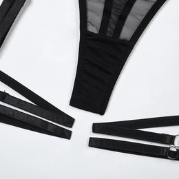 Conjunto de Lingerie em Tule com Body e Ligas — 3 Peças