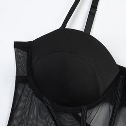 Conjunto de Lingerie em Tule com Body e Ligas — 3 Peças