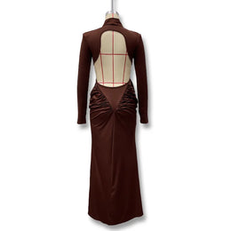 Vestido Comprido de Malha com Gola Alta e Costas Descobertas