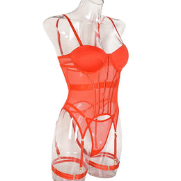 Conjunto de Lingerie em Tule com Body e Ligas — 3 Peças