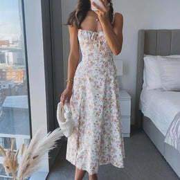 Vestido Midi Floral com Corpete e Fenda — Modelo A