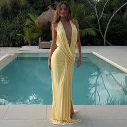 Vestido Comprido com Decote em V e Franzidos