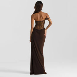 Vestido Comprido de Um Ombro com Renda