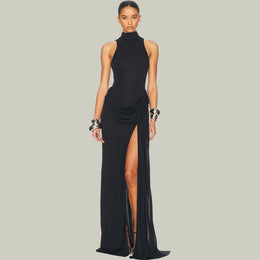 Vestido Comprido de Gola Alta com Fenda