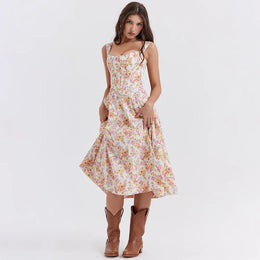 Vestido Midi Floral com Corpete e Bolsos