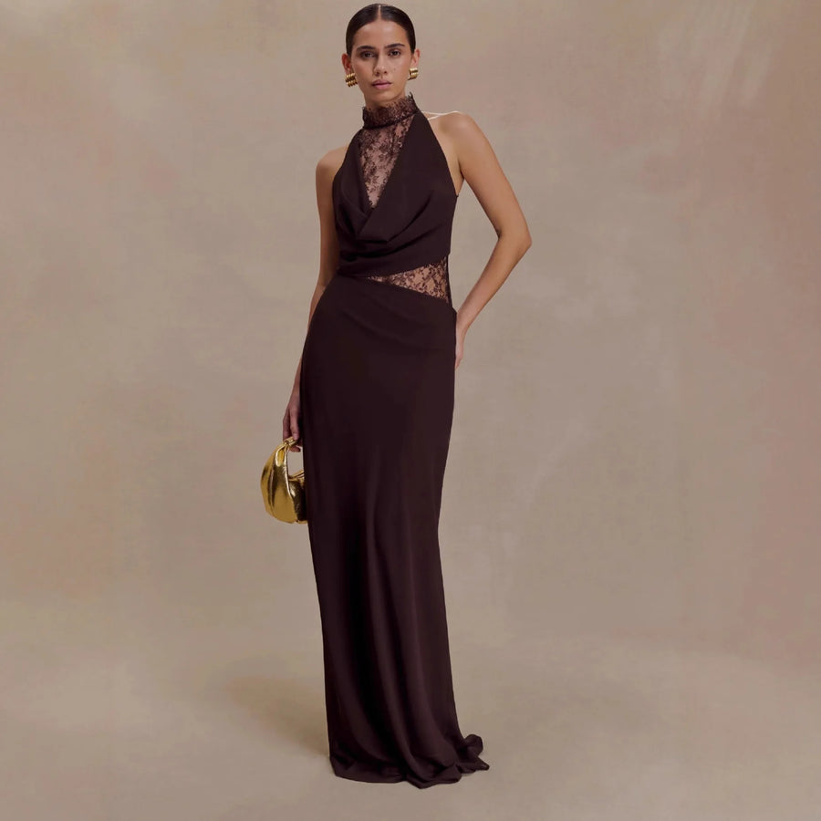 Vestido Comprido de Renda com Gola Alta