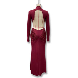 Vestido Comprido de Malha com Gola Alta e Costas Descobertas