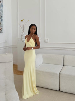 Vestido Comprido Amarelo com Folhos