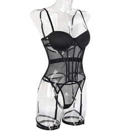 Conjunto de Lingerie em Tule com Body e Ligas — 3 Peças