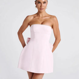 Vestido Curto com Laço e Pérolas — Rosa