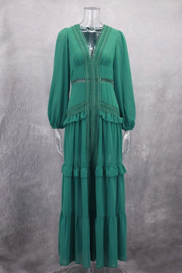 Vestido Comprido com Folhos e Manga Comprida