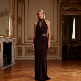 Vestido Comprido de Renda com Gola Alta