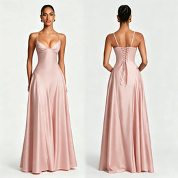 Vestido Comprido de Cetim com Corpete e Costas Descobertas