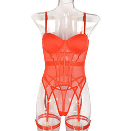 Conjunto de Lingerie em Tule com Body e Ligas — 3 Peças
