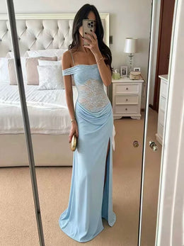 Vestido Comprido de Um Ombro com Renda