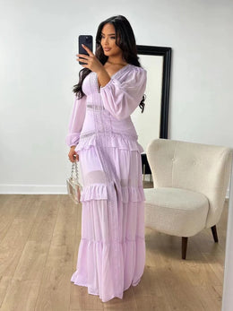 Vestido Comprido com Folhos e Manga Comprida