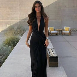 Vestido Comprido com Decote em V e Franzidos