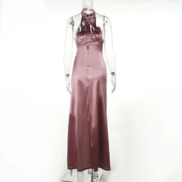 Vestido Comprido Acetinado de Gola Alta