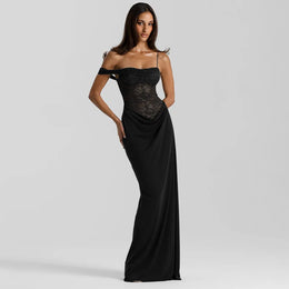 Vestido Comprido de Um Ombro com Renda