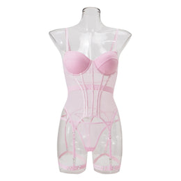 Conjunto de Lingerie em Tule com Body e Ligas — 3 Peças