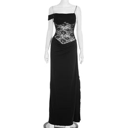 Vestido Comprido de Um Ombro com Renda