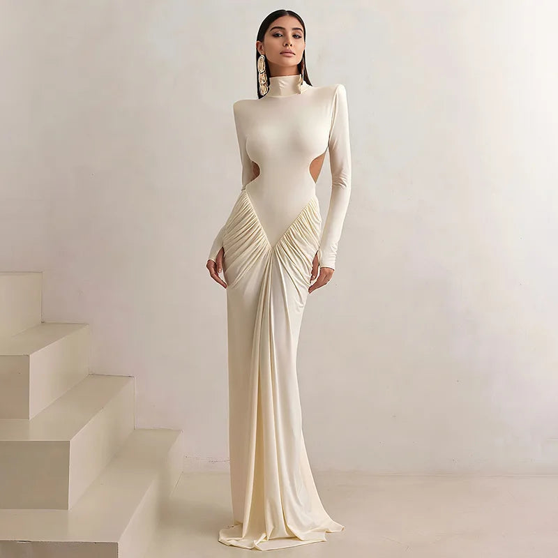 Vestido Comprido de Malha com Gola Alta e Costas Descobertas