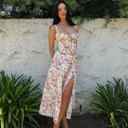 Vestido Midi Floral com Corpete e Fenda — Modelo B