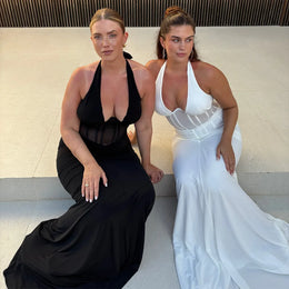 Vestido Comprido com Decote em V e Tule
