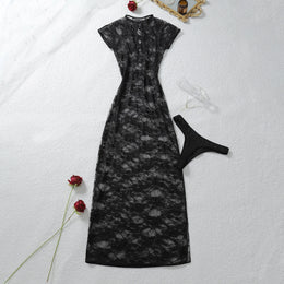 Vestido Longo com Renda e Decote em V