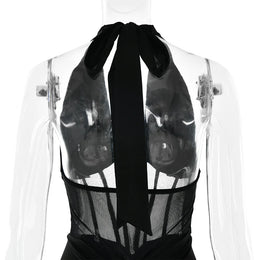 Vestido Comprido com Decote em V e Tule