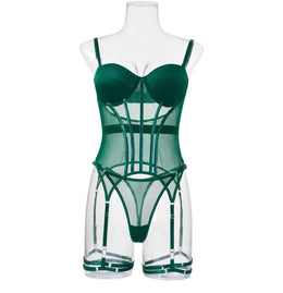 Conjunto de Lingerie em Tule com Body e Ligas — 3 Peças