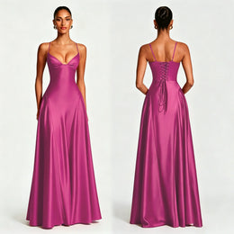 Vestido Comprido de Cetim com Corpete e Costas Descobertas