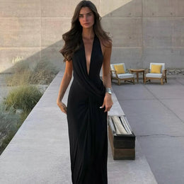 Vestido Comprido com Decote em V e Franzidos