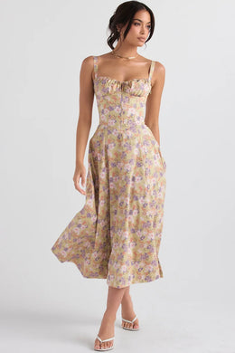 Vestido Midi Floral com Corpete — Azul e Rosa Floral