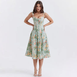 Vestido Midi Floral com Corpete e Bolsos