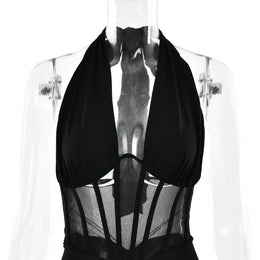 Vestido Comprido com Decote em V e Tule
