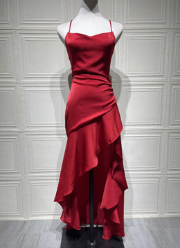 Vestido Comprido Acetinado com Folhos