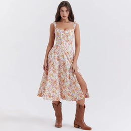 Vestido Midi Floral com Corpete e Bolsos